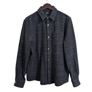 A.P.C. Trek Plaid Wool Blend Snap Front Overshirt Shacket Navy Men's Size Large